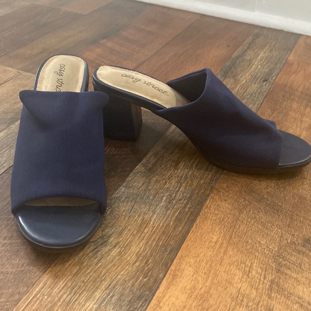 Navy Slip On Block Heeled Shoes